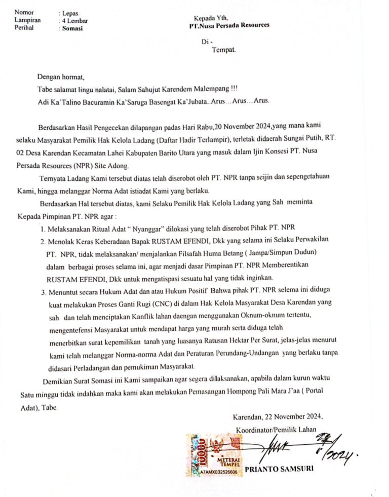 Tokoh Karendan Pasang Hompong, PT NPR Kena Somasi