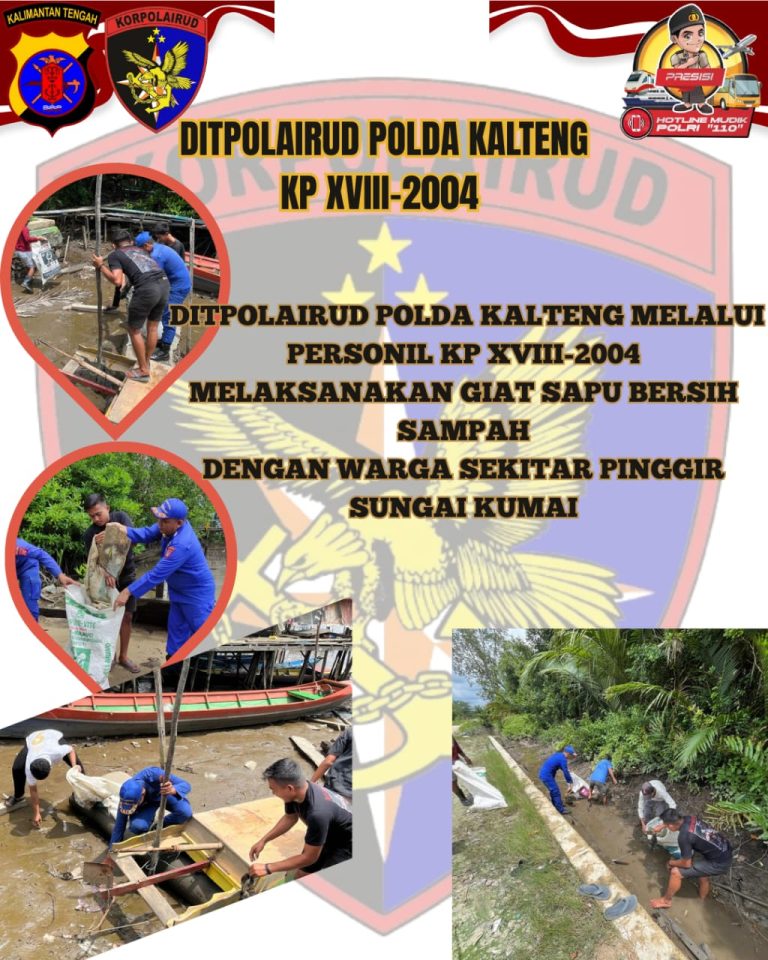 Personel Ditpolairud Bersama Warga DAS Kumai Bersihkan Lingkungan Sekitar Sungai