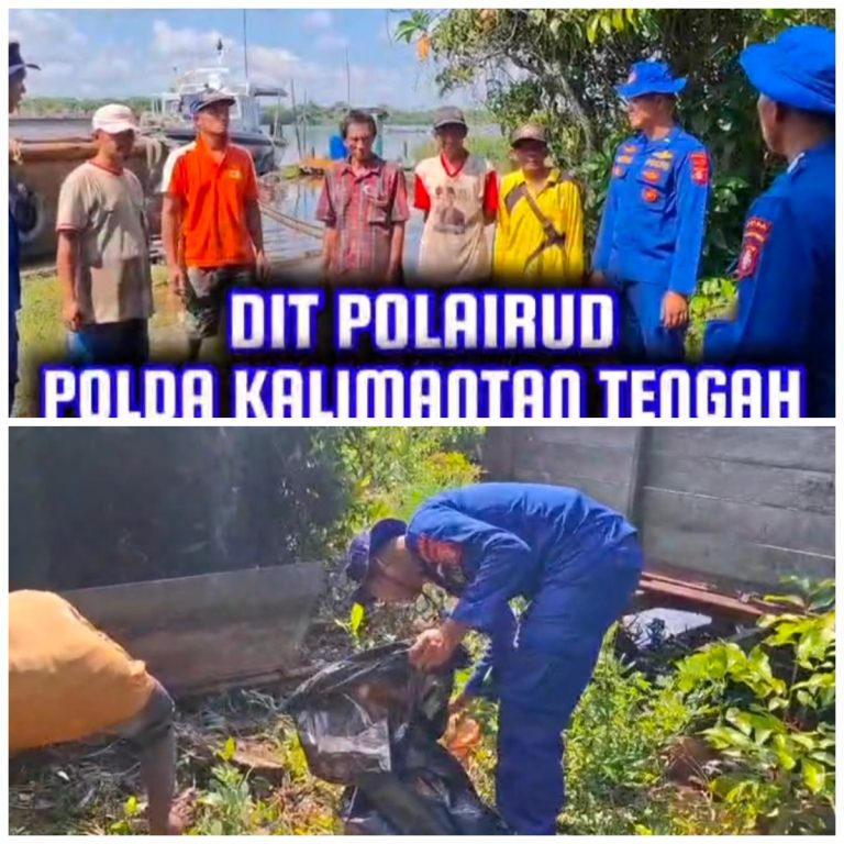 Personel Ditpolairud Bersama Warga Sapu Bersih Sampah di Pinggir Sungai Mentaya