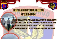 Personel Ditpolairud Polda Kalteng Sapu Bersih Sampah di Pinggir Pantai Desa Kubu